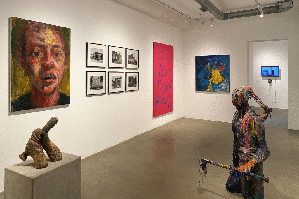 Zeitgenössische Kunstwerke in heller Galerie mit Skulpturen und Gemälden