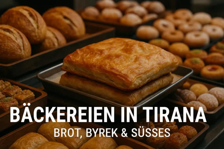 Frisch gebackener Byrek und Brotauswahl in Tiranas Bäckereien