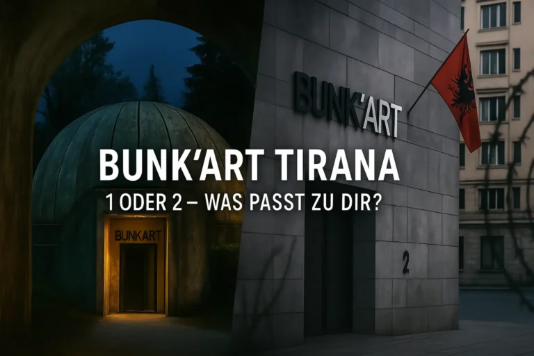 Beide Eingänge von Bunk’Art 1 und 2 in Tirana nebeneinander – Museum im Bunker-Kontrast