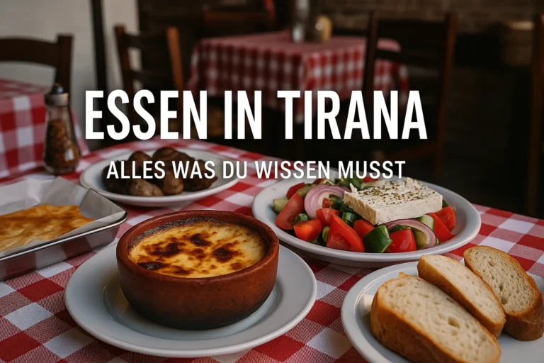 Albanisches Essen auf kariert gedecktem Tisch in einem traditionellen Restaurant in Tirana