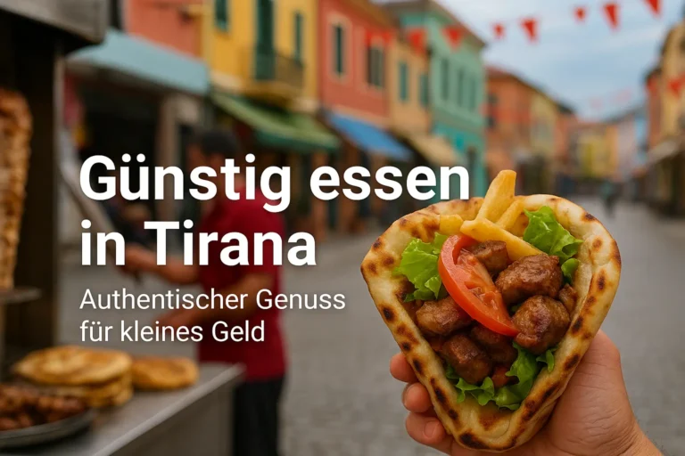 Günstiges Streetfood in Tirana – Hand hält gefülltes Fladenbrot mit Fleisch, Salat und Pommes