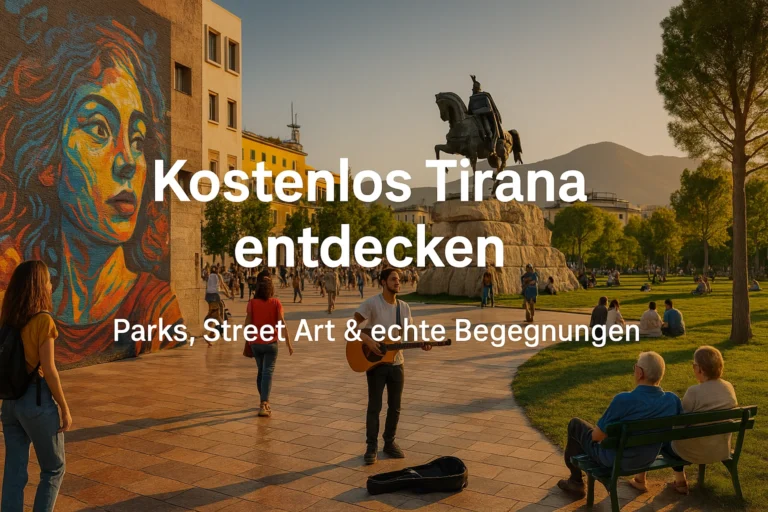 Menschen auf dem Skanderbeg-Platz in Tirana mit Street Art und Parkszene im Hintergrund