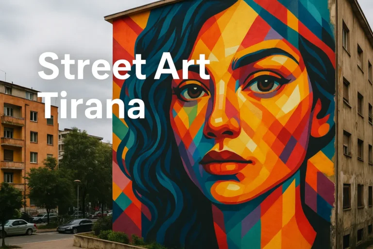 Großes, farbenfrohes Wandbild einer Frau auf Hausfassade in Tirana
