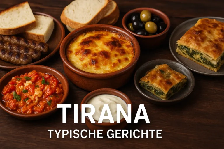 Albanische Gerichte wie Tavë Kosi, Qofte und Byrek auf rustikalen Tellern