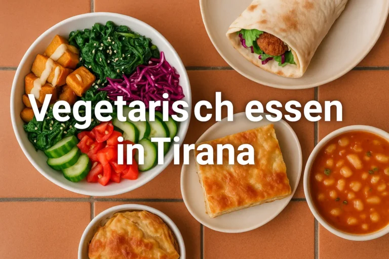 Vegetarische Gerichte aus Tirana auf Terrakottafliesen