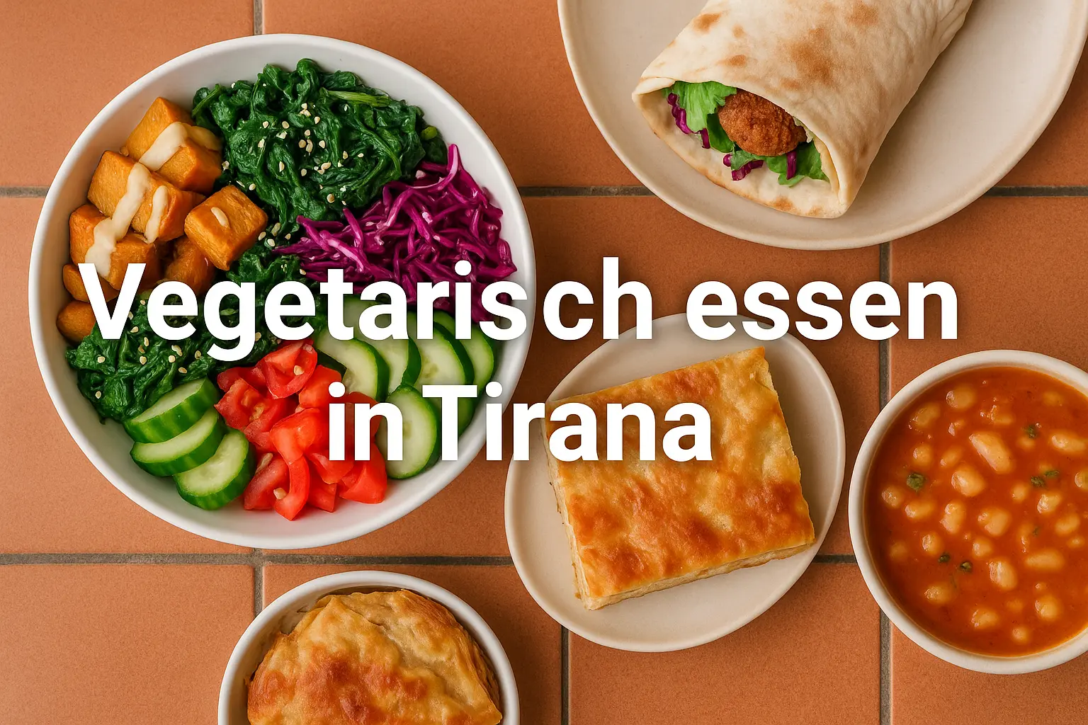 Vegetarische Gerichte aus Tirana auf Terrakottafliesen