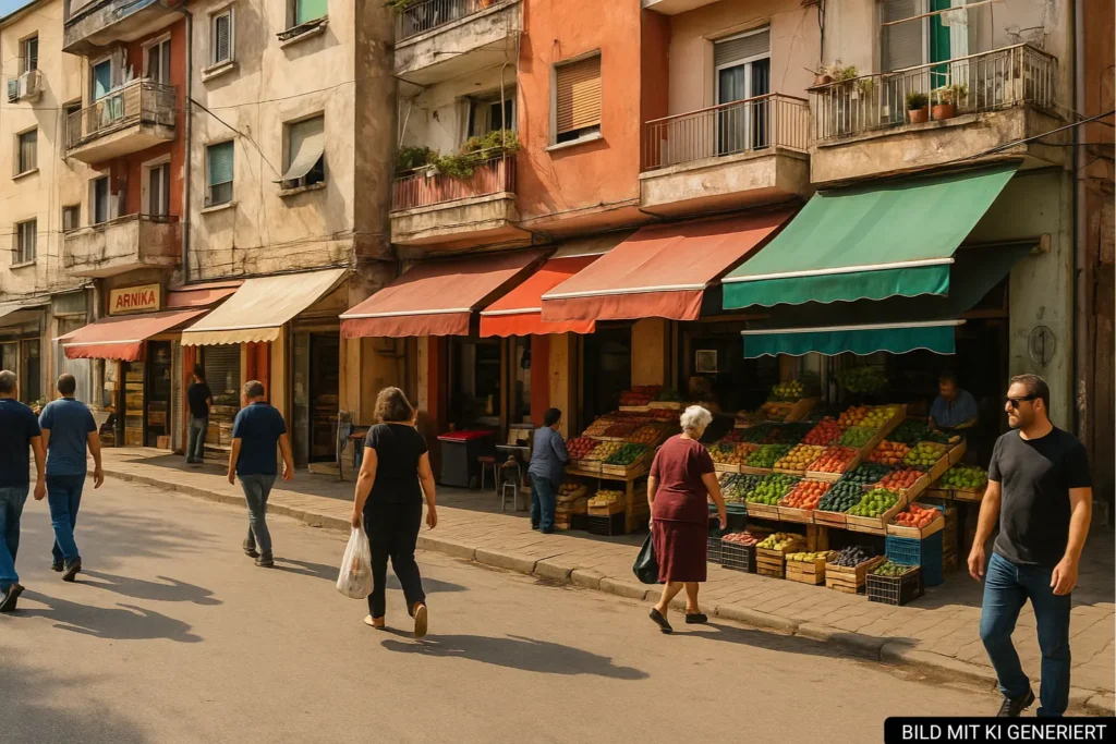 Alltagsstraße in Ali Demi mit kleinen Läden, Gemüseständen und lebendiger Nachbarschaftsszene