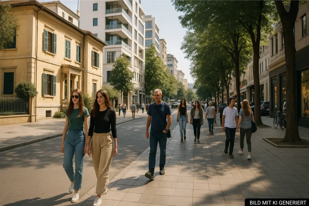Alltagsaufnahme in Blloku mit entspannten Fußgängern und Mischung aus modernen und historischen Gebäuden
