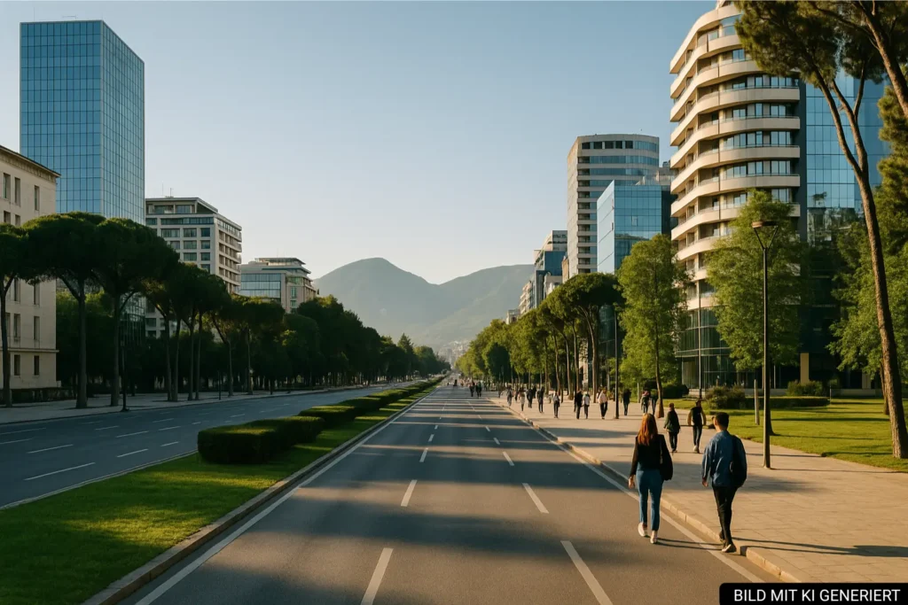 Boulevard Dëshmorët e Kombit in Tirana mit modernen Gebäuden und Fußgängern Richtung Blloku