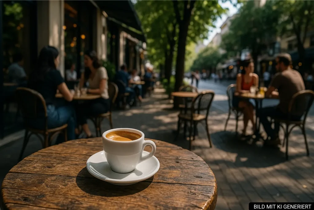 Caféterrasse in Blloku mit Espresso auf rustikalem Tisch und Gästen im Schatten