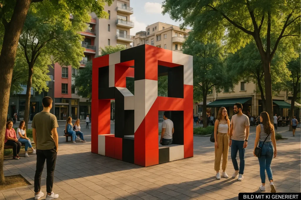 Moderner Fotospot in Blloku mit Kunstinstallation, Bäumen und Besuchern im warmen Licht