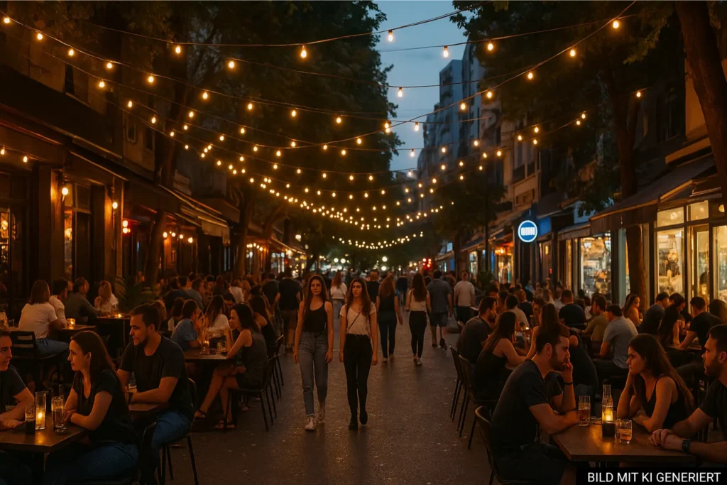 Abendliche Barszene in Blloku Tirana mit Lichterketten und Menschen, die Drinks genießen