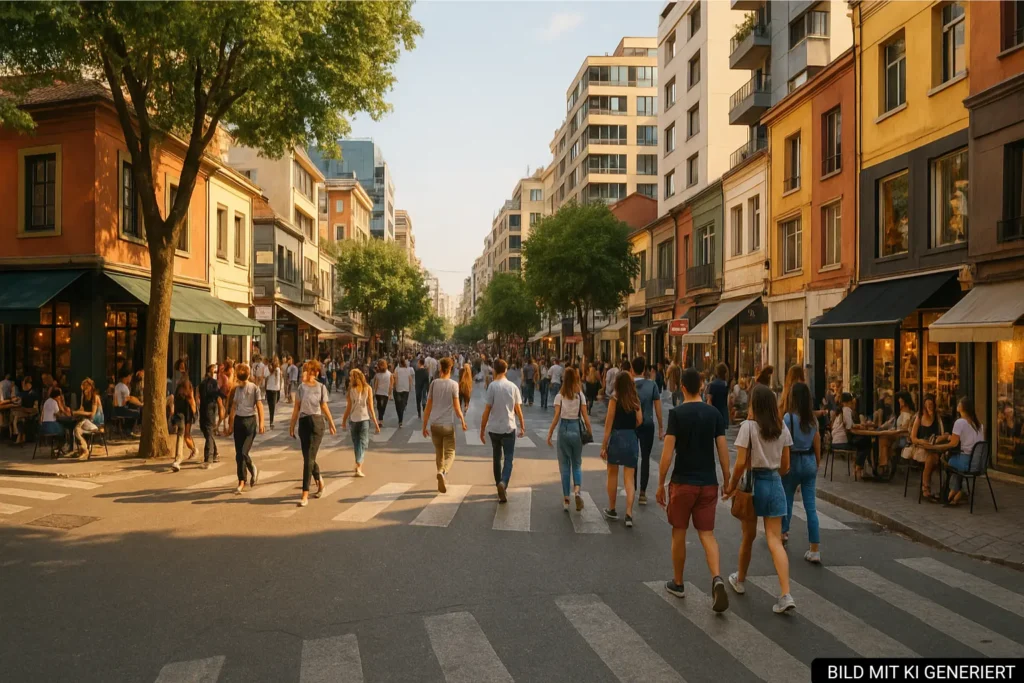 Straßenkreuzung der Rruga Ibrahim Rugova mit Cafés, Boutiquen und vielen Fußgängern