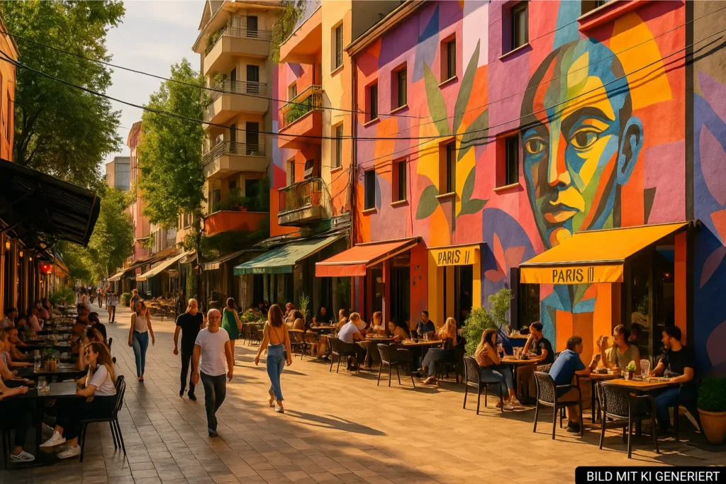 Bunte Straßenszene im Blloku-Viertel mit Cafés, Street Art und urbaner Atmosphäre