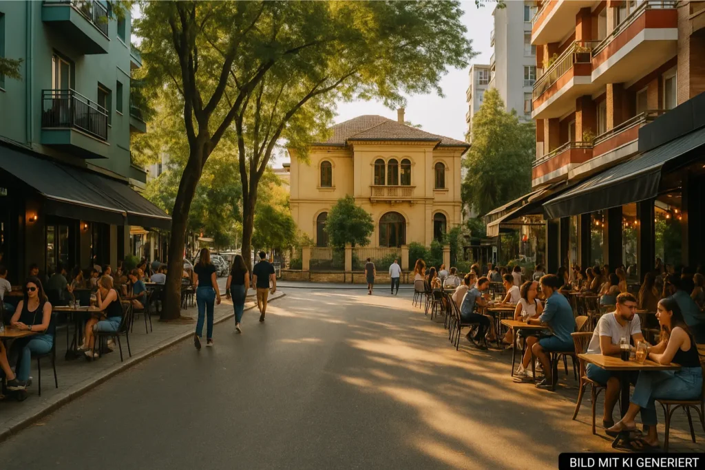 Straßenszene in Blloku Tirana mit Cafés, jungen Menschen und historischer Villa bei warmem Nachmittagslicht
