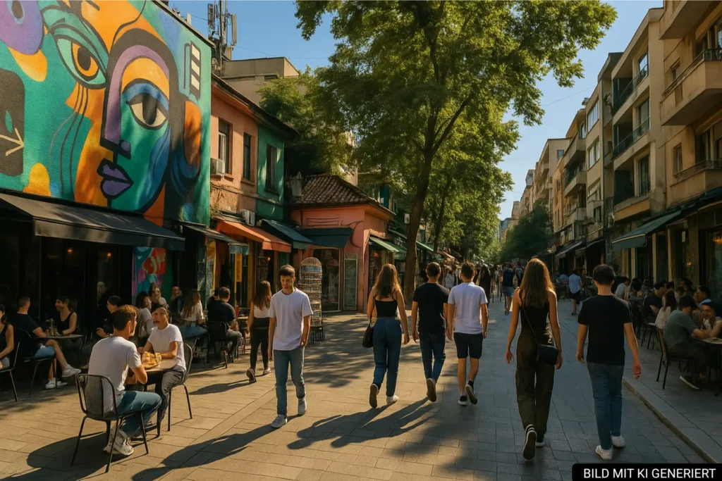 Street-Art-Szene in Blloku Tirana mit Cafés, kleinen Läden und jungen Menschen im Nachmittagslicht