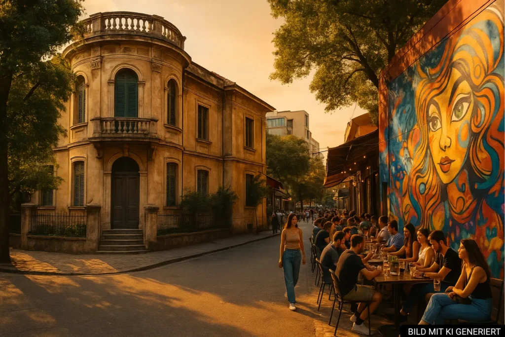 Alte Villa und Street Art in Tirana im goldenen Abendlicht mit Menschen in Cafés