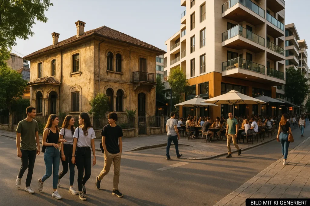 Straßenszene in Blloku Tirana mit modernen Cafés und alten Villen im sichtbaren Kontrast