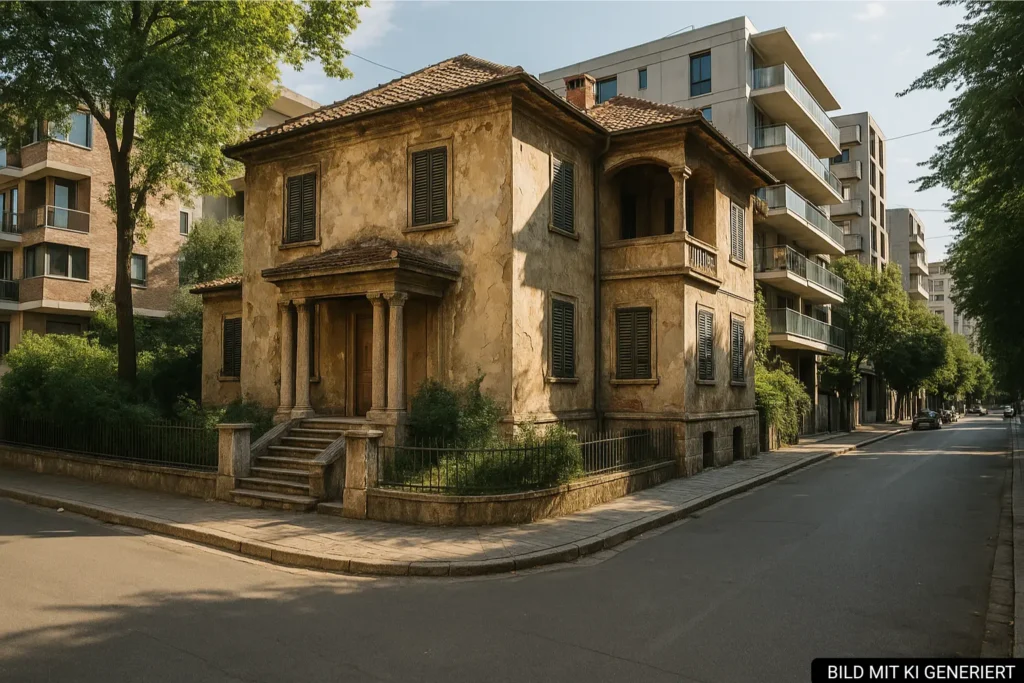 Historische Villa aus der kommunistischen Ära in Blloku Tirana zwischen moderner Architektur