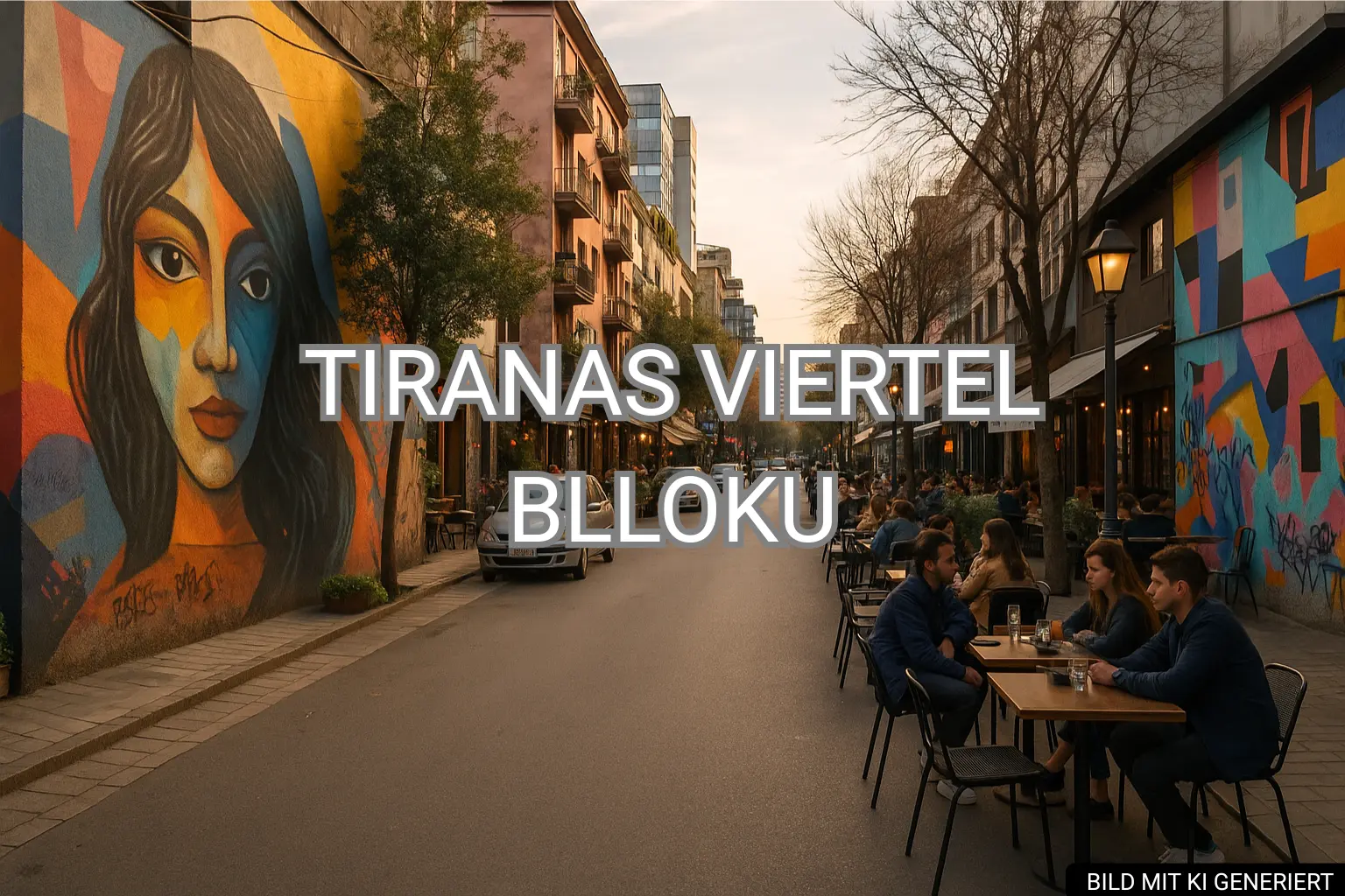 Lebendige Straßenansicht in Blloku Tirana mit Street Art, Cafés und Menschen im Abendlicht.