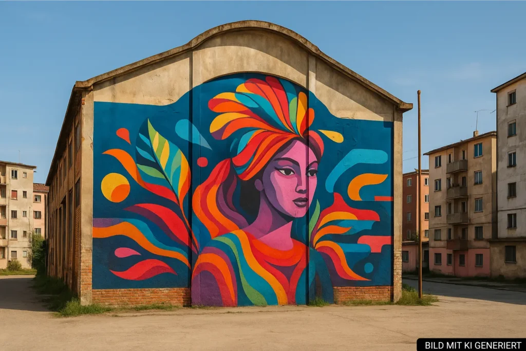 Großes buntes Wandmural auf alter Industriehalle in Kombinat mit Wohnblöcken im Hintergrund