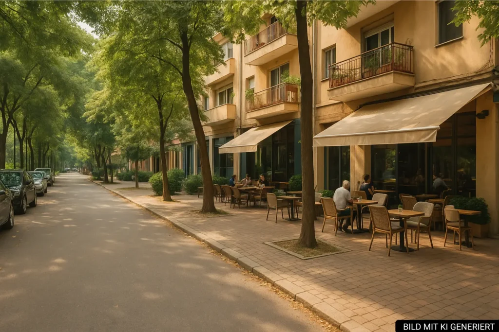 Ruhige Wohnstraße in Komuna e Parisit mit Cafés unter Bäumen und entspannter Atmosphäre