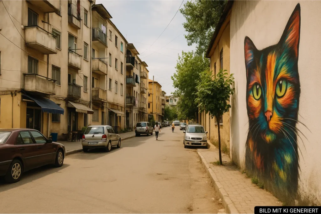 Wohnblöcke in Lapraka mit Street Art an einer Wand und ruhiger Seitenstraße