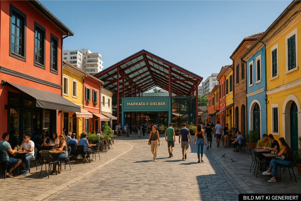 Überblick über das Marktviertel Pazari i Ri in Tirana mit bunten Fassaden und Markthalle