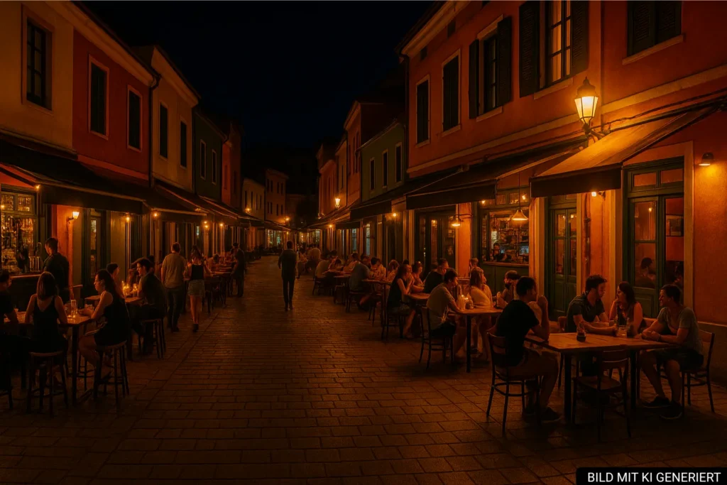 Abendaufnahme des Pazari i Ri mit beleuchteten Fassaden