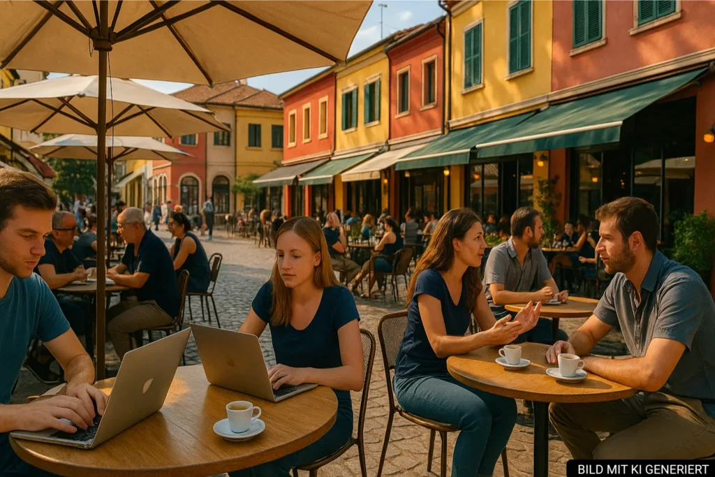 Caféterrasse im Pazari i Ri mit Menschen und bunten Häusern