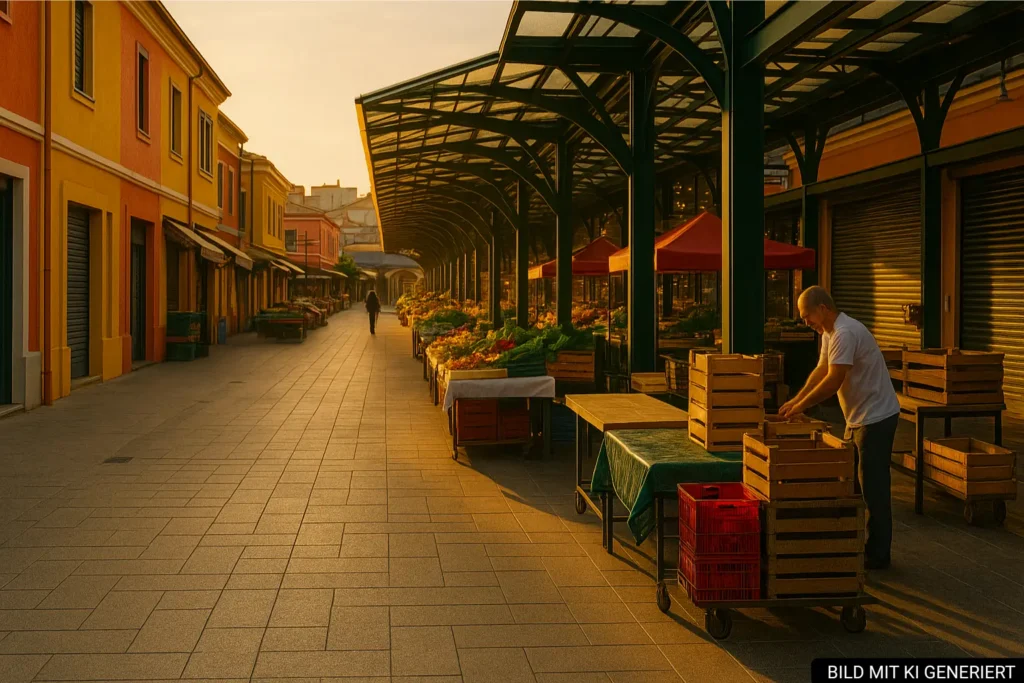 Morgenstimmung im Pazari i Ri mit frischem Marktaufbau