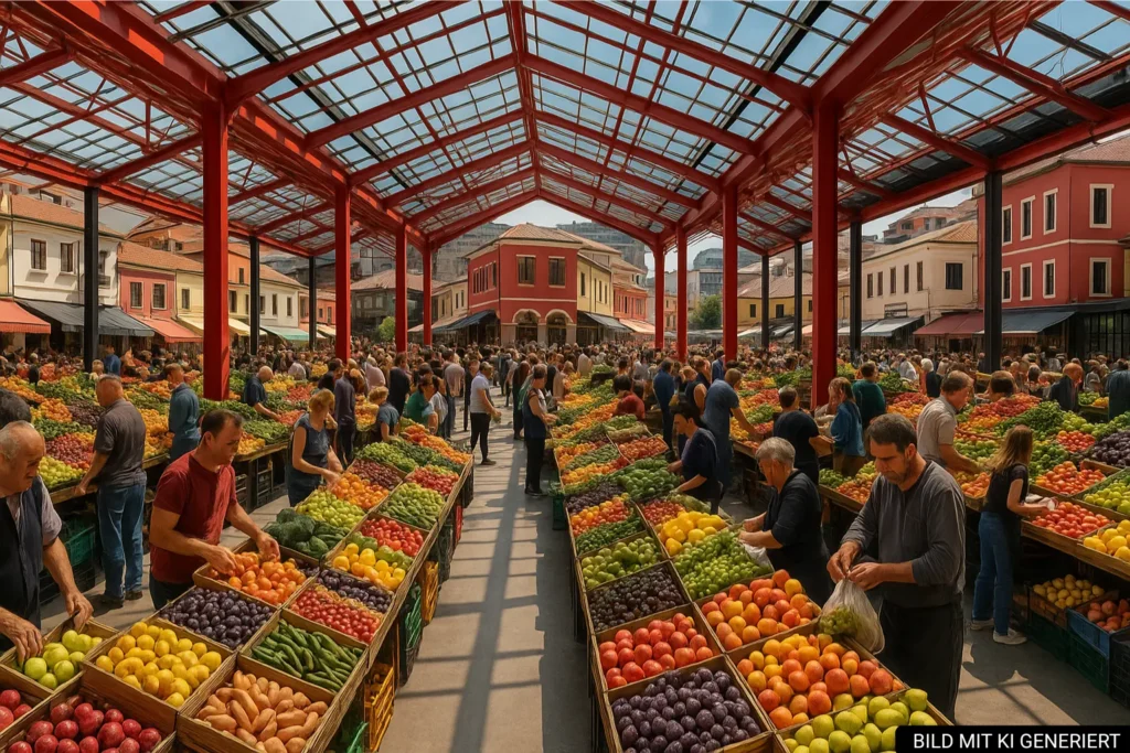 Obst- und Gemüsestände in der grünen Markhalle des Pazari i Ri