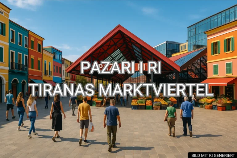 Marktviertel Pazari i Ri in Tirana mit bunter Markthalle, Fassaden und lebendigem Straßenleben.
