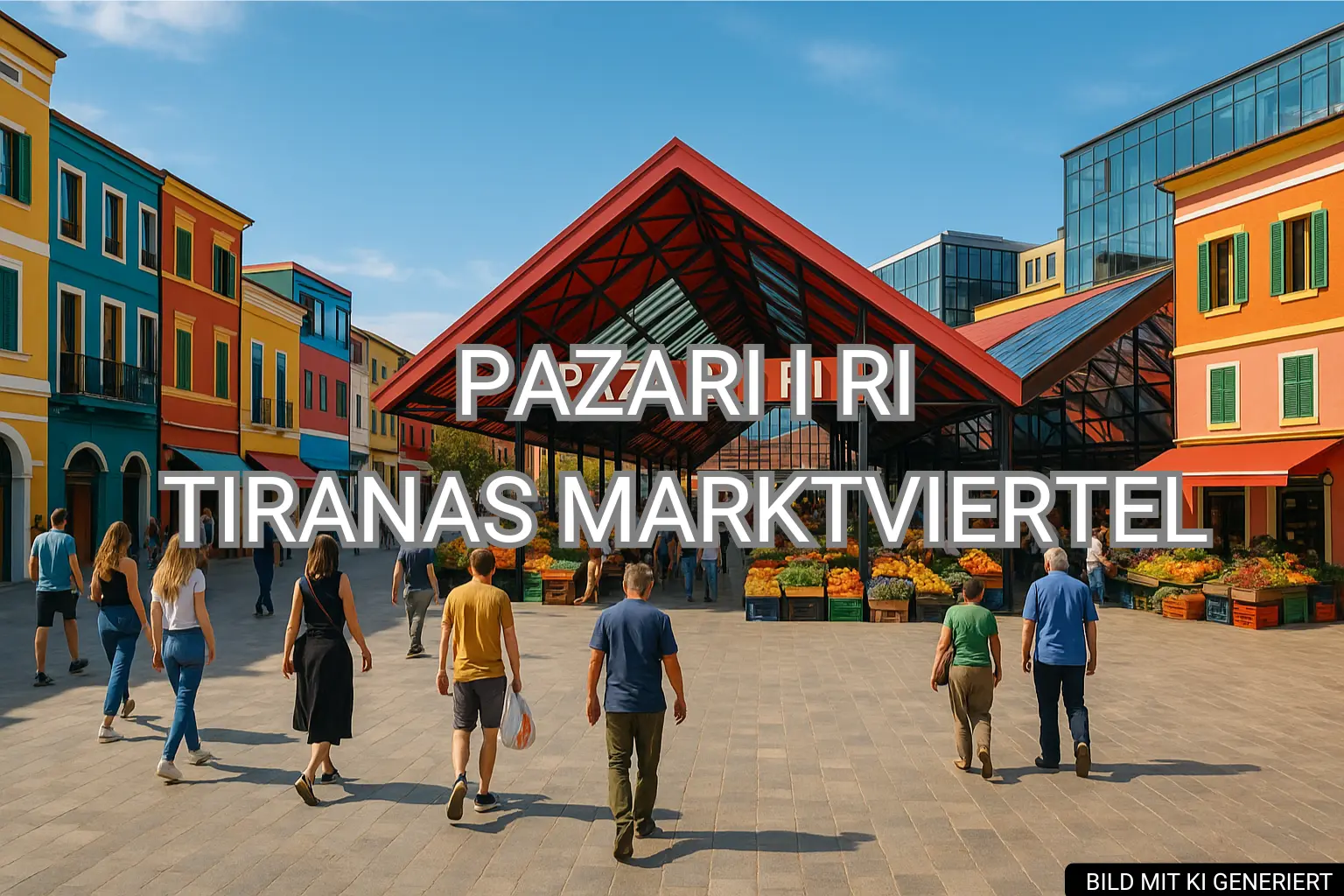 Marktviertel Pazari i Ri in Tirana mit bunter Markthalle, Fassaden und lebendigem Straßenleben.