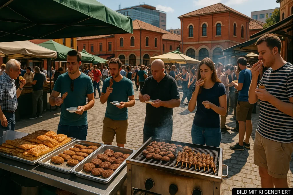 Streetfood-Szene im Pazari i Ri mit typischen Snacks wie Byrek und Qofte