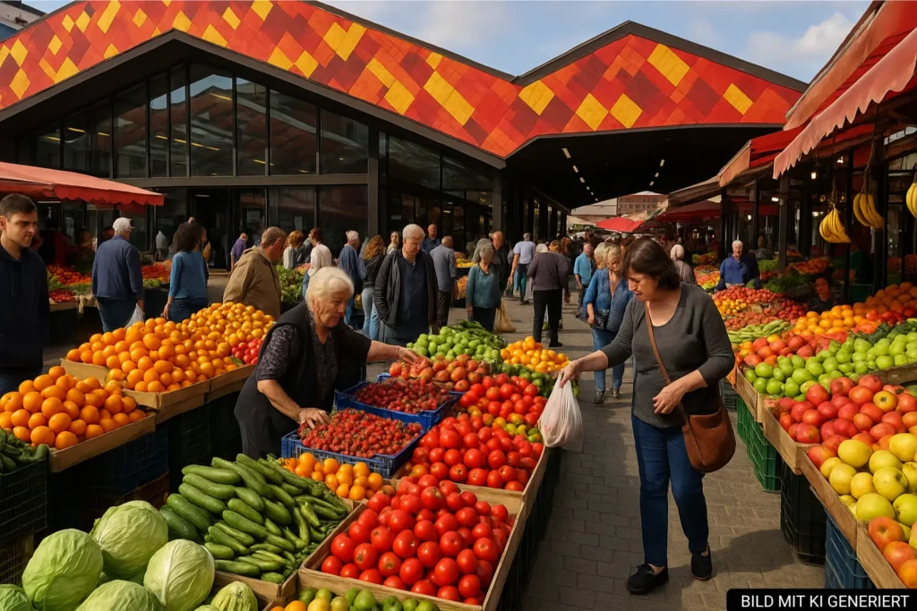 Marktszene am Pazari i Ri in Tirana mit Obst- und Gemüseständen und moderner Markthalle