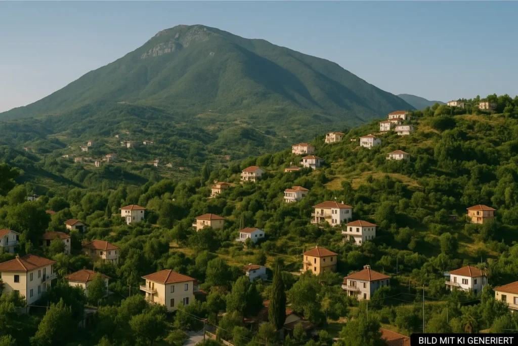 Blick von Sauk auf den Dajti-Berg mit Wohnhäusern am grünen Hang und klarer Sicht