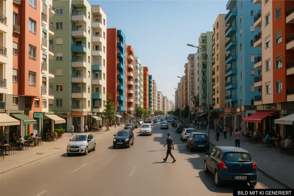 Szene aus Astir mit neuen Wohnblöcken, Cafés und lebendiger Straße im Westen von Tirana