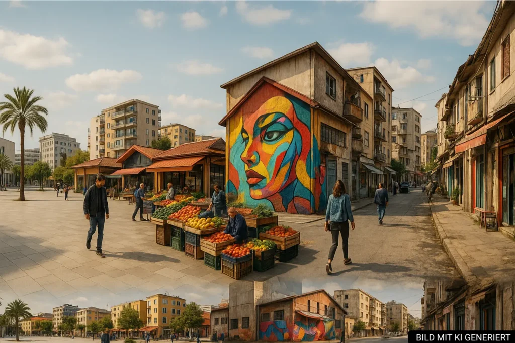 Collage aus modernem Platz, Markt, Street Art und Wohngebiet in Tirana