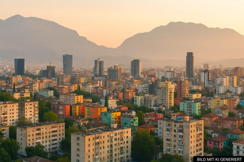 Panorama von Tiranas Stadtteilen bei mildem Morgenlicht mit Wohnblöcken, Hochhäusern und Dajti-Berg