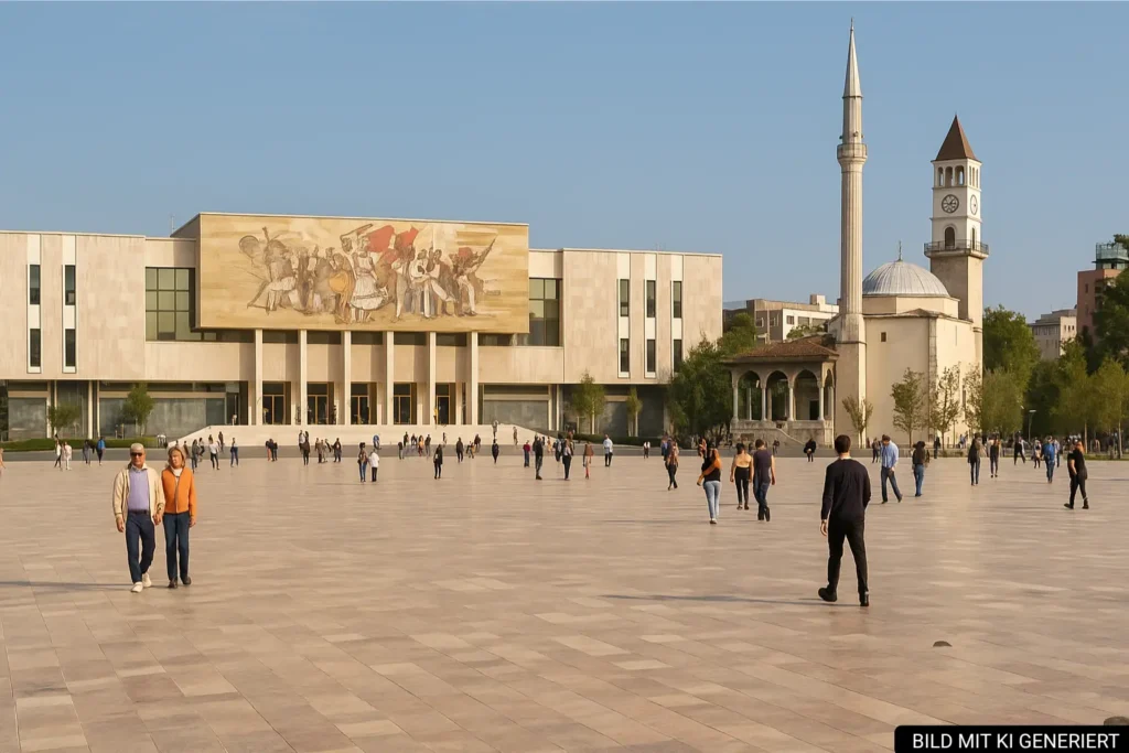 Skanderbeg-Platz in Tirana mit Nationalmuseum und Uhrturm bei warmem Tageslicht