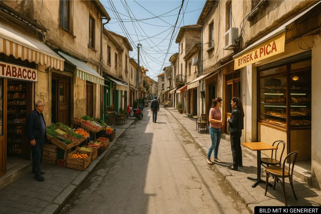 Enge Nachbarschaftsstraße in Tirana mit kleinen Geschäften, älteren Häusern und lebendigem Straßenleben