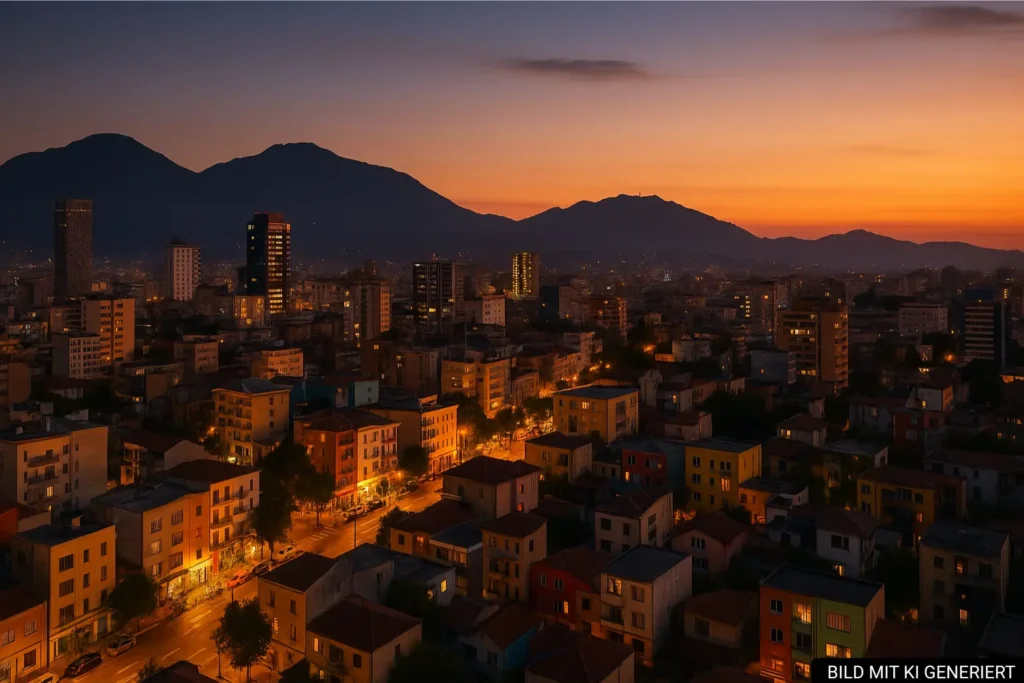 Abendliche Skyline von Tirana mit warmen Lichtern und Dajti-Berg im Hintergrund