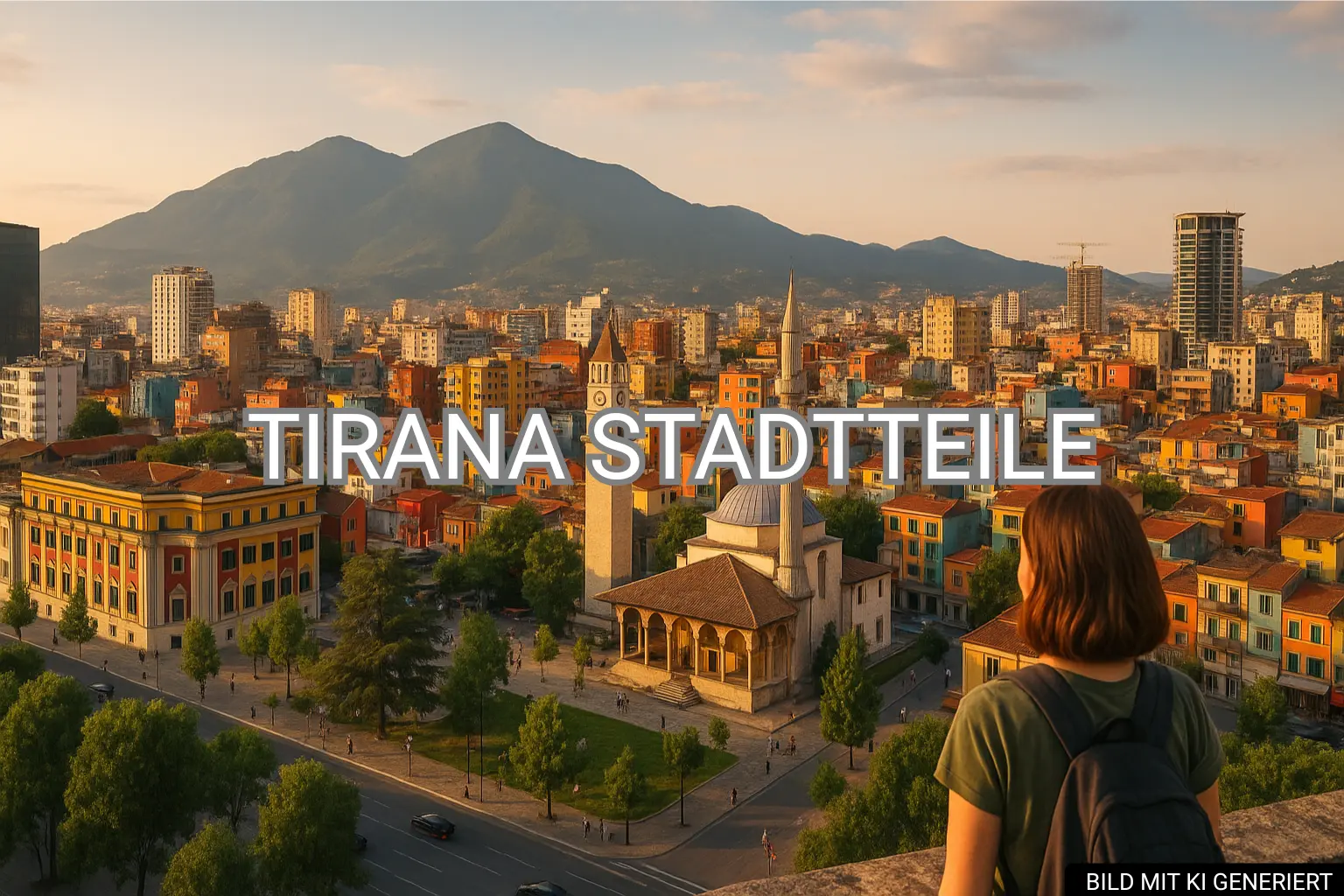 Panoramablick über Tirana mit bunten Wohnhäusern, Uhrturm und Dajti-Berg im Hintergrund bei warmem Abendlicht.
