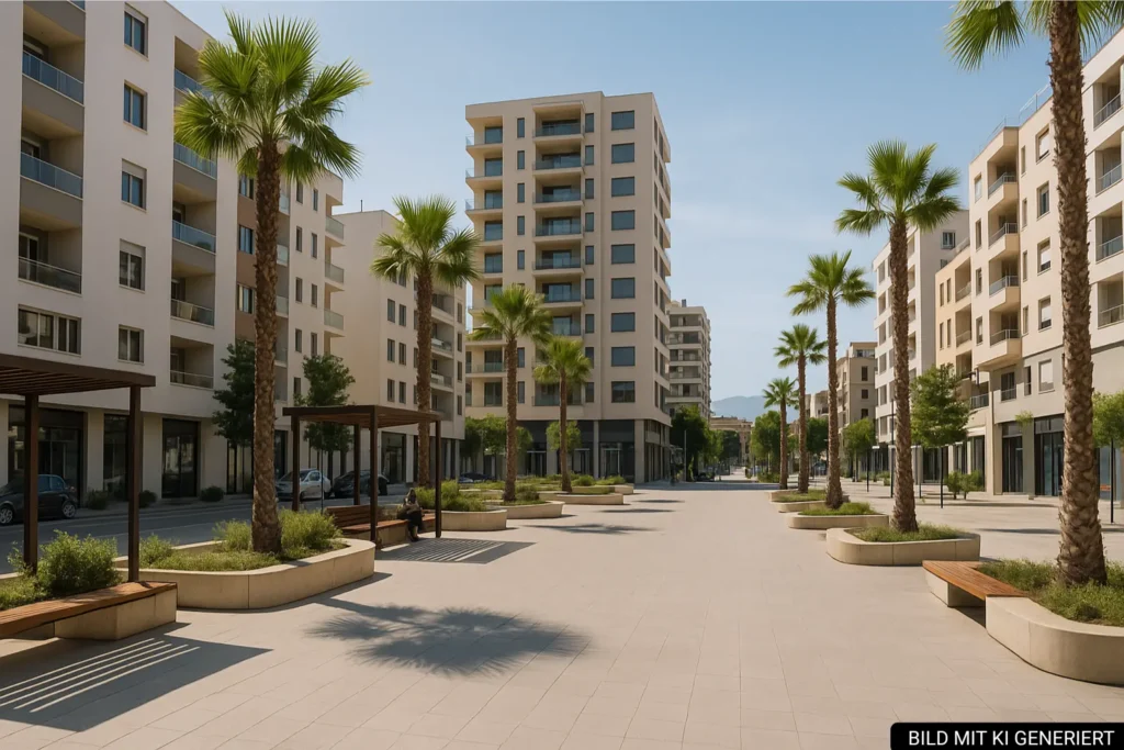 Moderner Platz in Tirana e Re mit Palmen, Sitzbereichen und glatten Fassaden