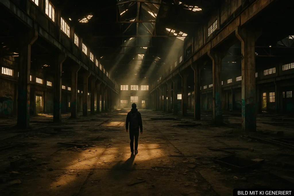 Industriegebiet in Kombinat Tirana mit alten Hallen und Erkundungsszene