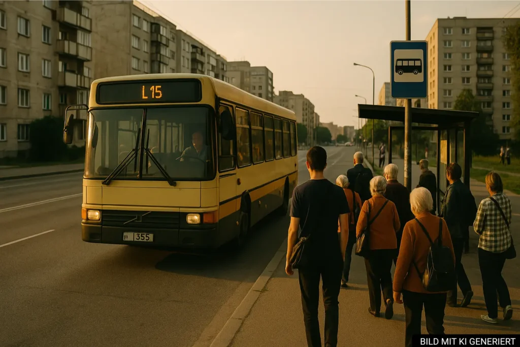 Bus an der Haltestelle Kombinati in Tirana
