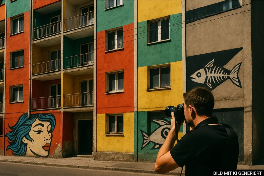 Fotospot in Kombinat Tirana mit Street Art und Plattenbau