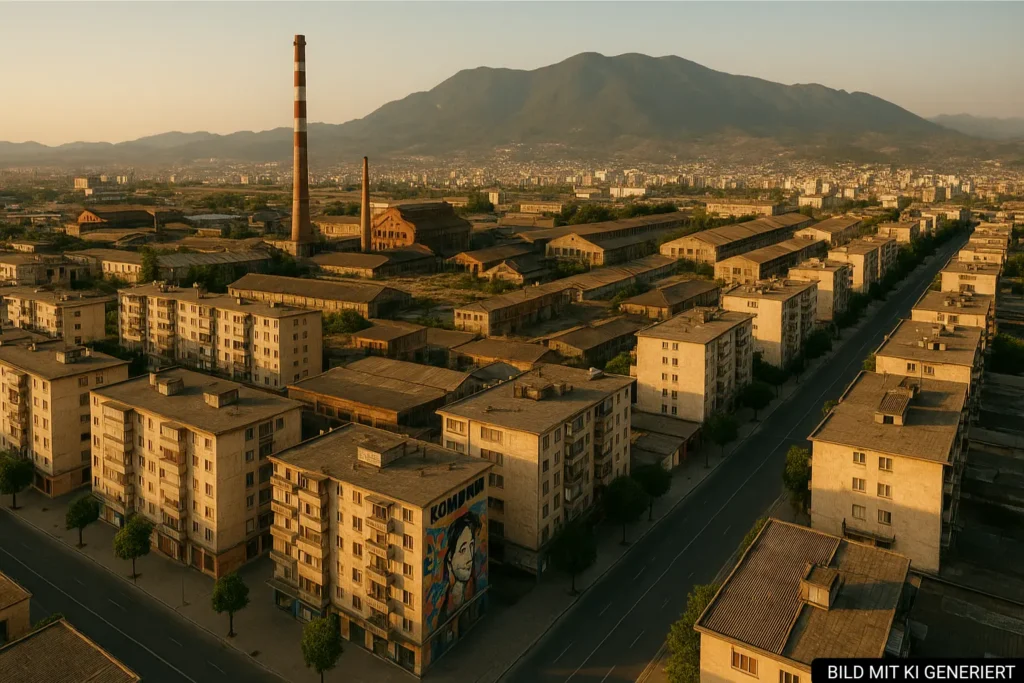 Luftaufnahme des Stadtteils Kombinat in Tirana mit Wohnblöcken und Industriehallen