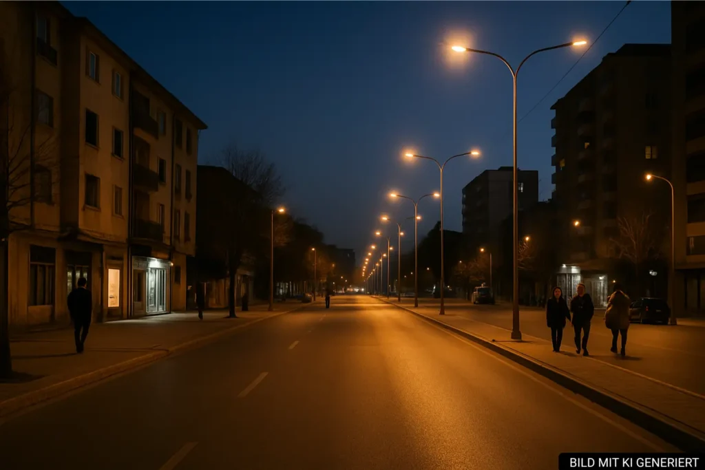Beleuchtete Hauptstraße in Kombinat Tirana am Abend